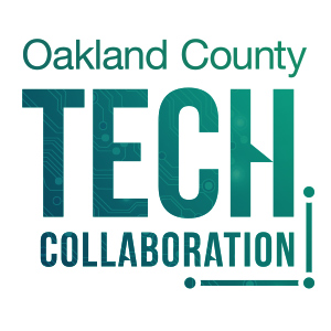 Oakland County Tech Collaboration logo in teal with circuit-board lettering.