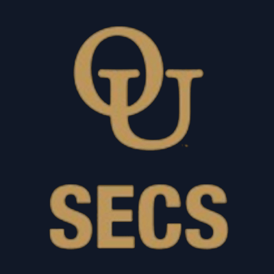 Oakland University SECS mark: gold OU monogram above SECS lettering on a dark ink tile.